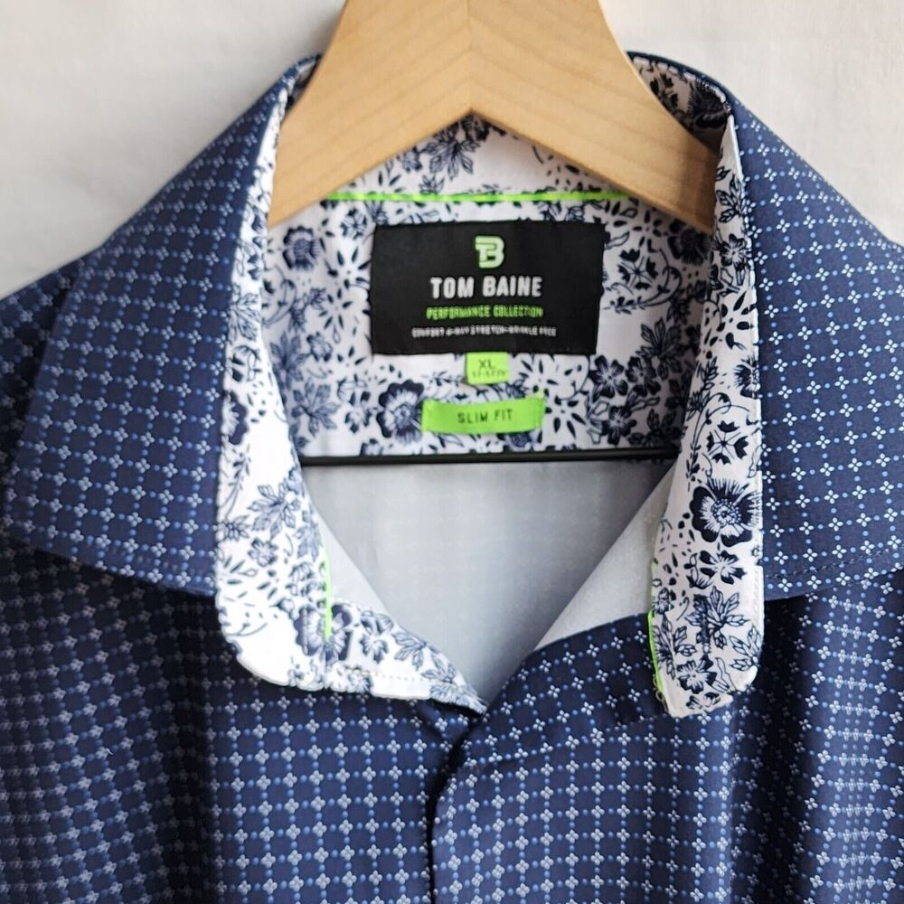 tom baine mens shirt XL performance slim fit short sleeve blue geometric stretch
